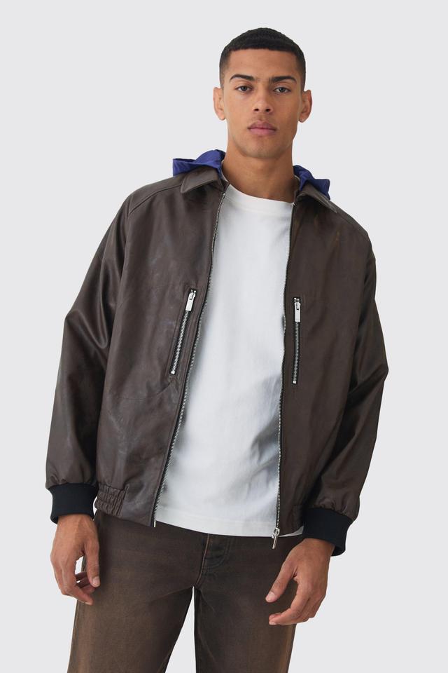 Collared Pu Bomber Jacket With Detachable Hood In Brown | boohooMAN USA Product Image