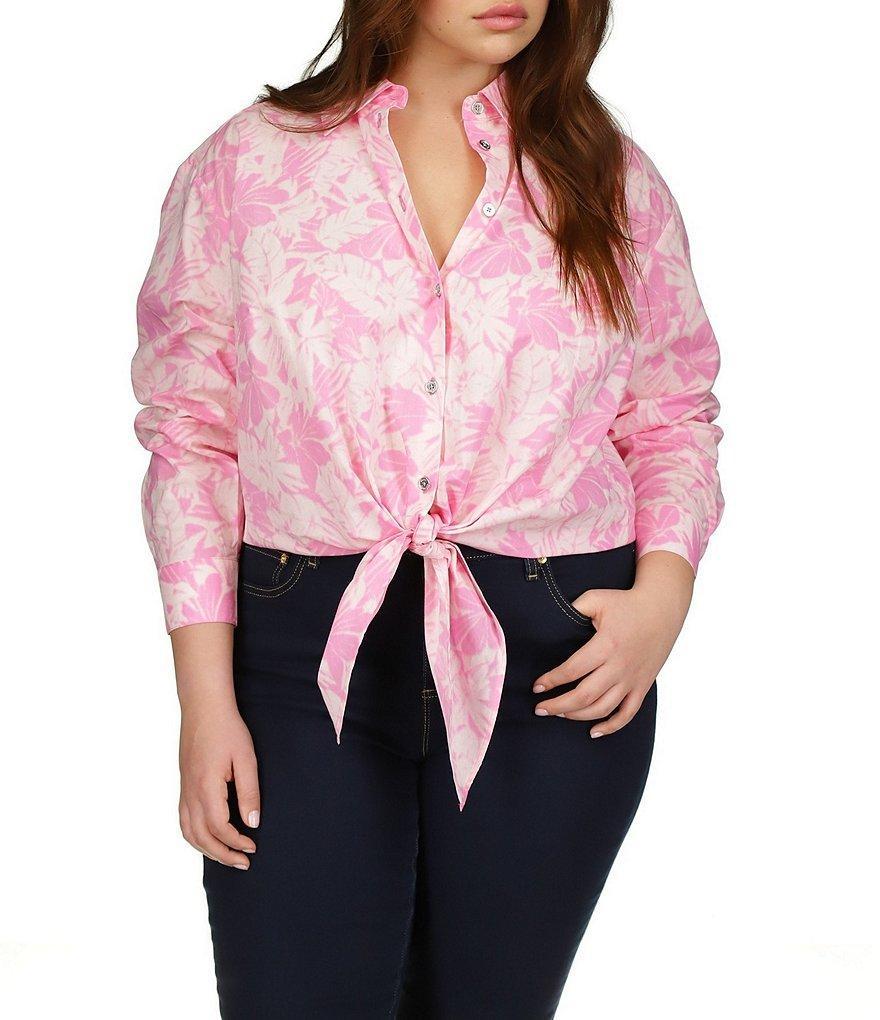 Michael Kors Plus Size Point Collar Long Sleeve Palm Print Button Up Tie Front Shirt Product Image