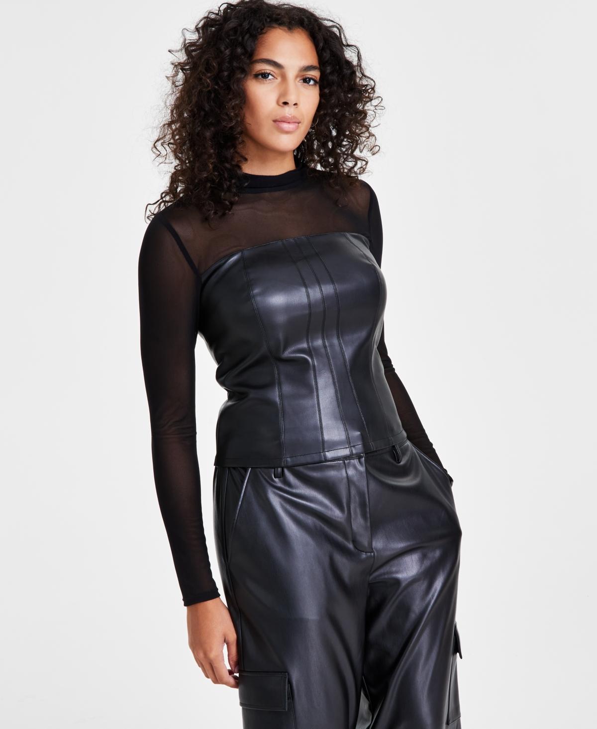 Bar Iii Womens Faux-Leather Mesh-Trim Long-Sleeve Top, Created for Macys Product Image