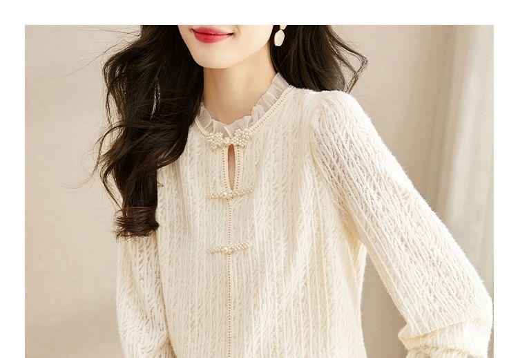 Long-Sleeve Stand Collar Frill Trim Cutout Frog Buttoned Lace Blouse Product Image