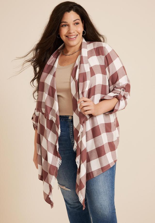 Maurices Plus Size Womens Plaid Open Front Kimono Beige Size 4X Product Image