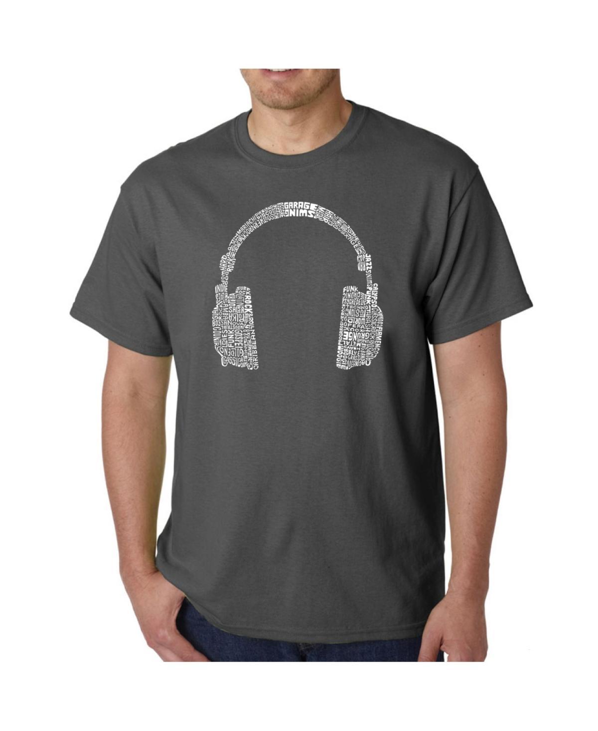 La Pop Art Mens Word Art T-Shirt - Headphones - 63 Genres of Music Product Image