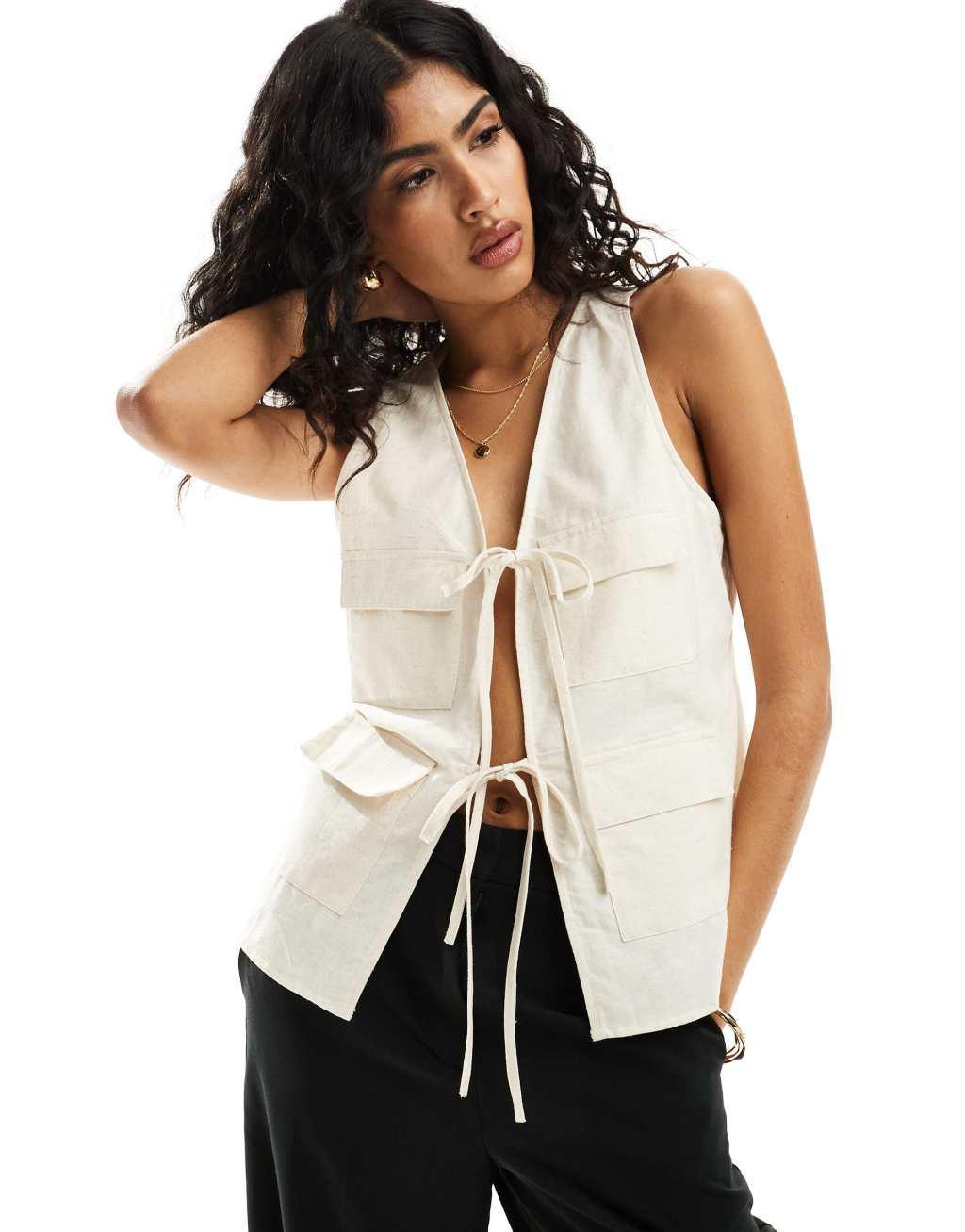 ASOS DESIGN tie waist linen mix vest in natural Product Image