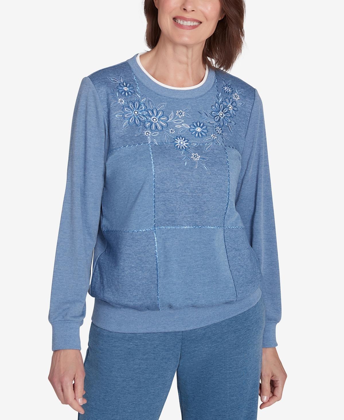 Womens Alfred Dunner Embroidered Boxes Cozy Crewneck Top Blue Product Image