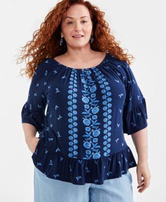 Plus Size Printed 3/4-Sleeve Top, Created for Macy's Product Image