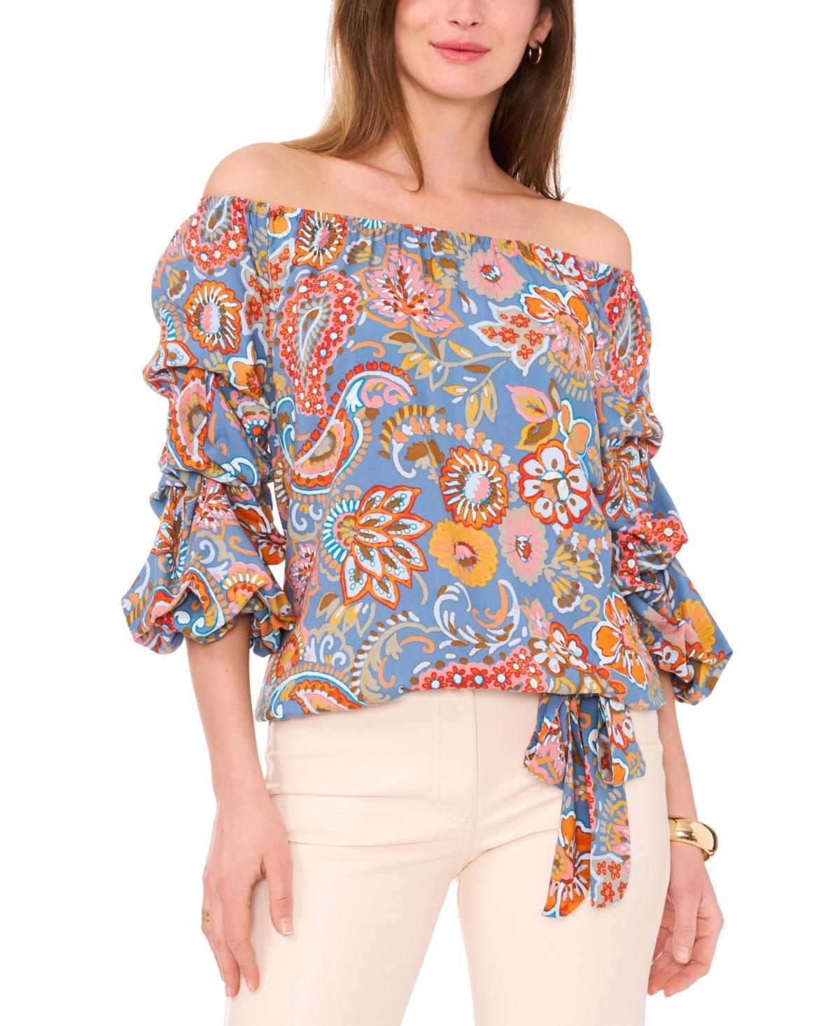 Women's Printed Off The Shoulder Bubble Sleeve Tie Front Blouse Product Image