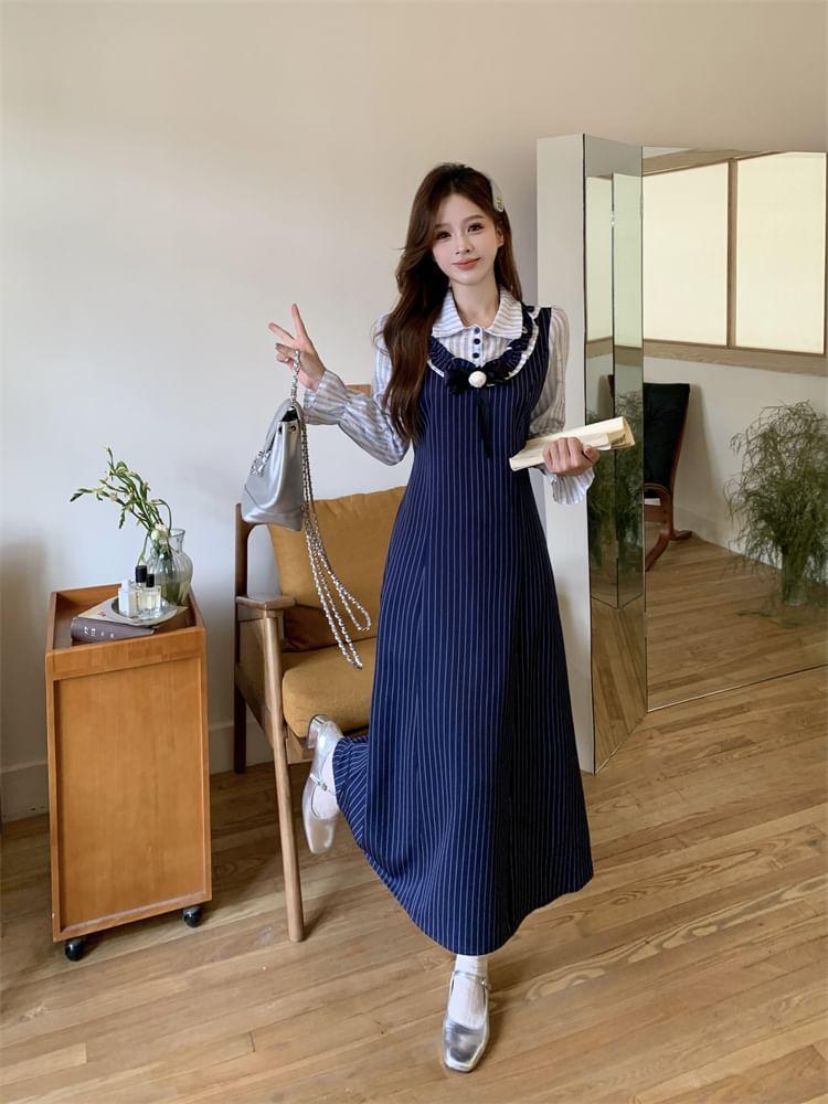 Mock Two-Piece Long-Sleeve Collar Striped Bow Midi A-Line Dress Product Image