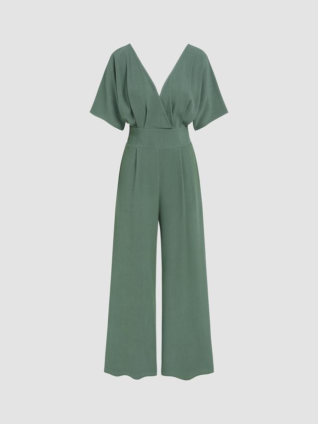 Linen-blend V-neck Solid Corset Middle Sleeve Pocket Jumpsuit Product Image