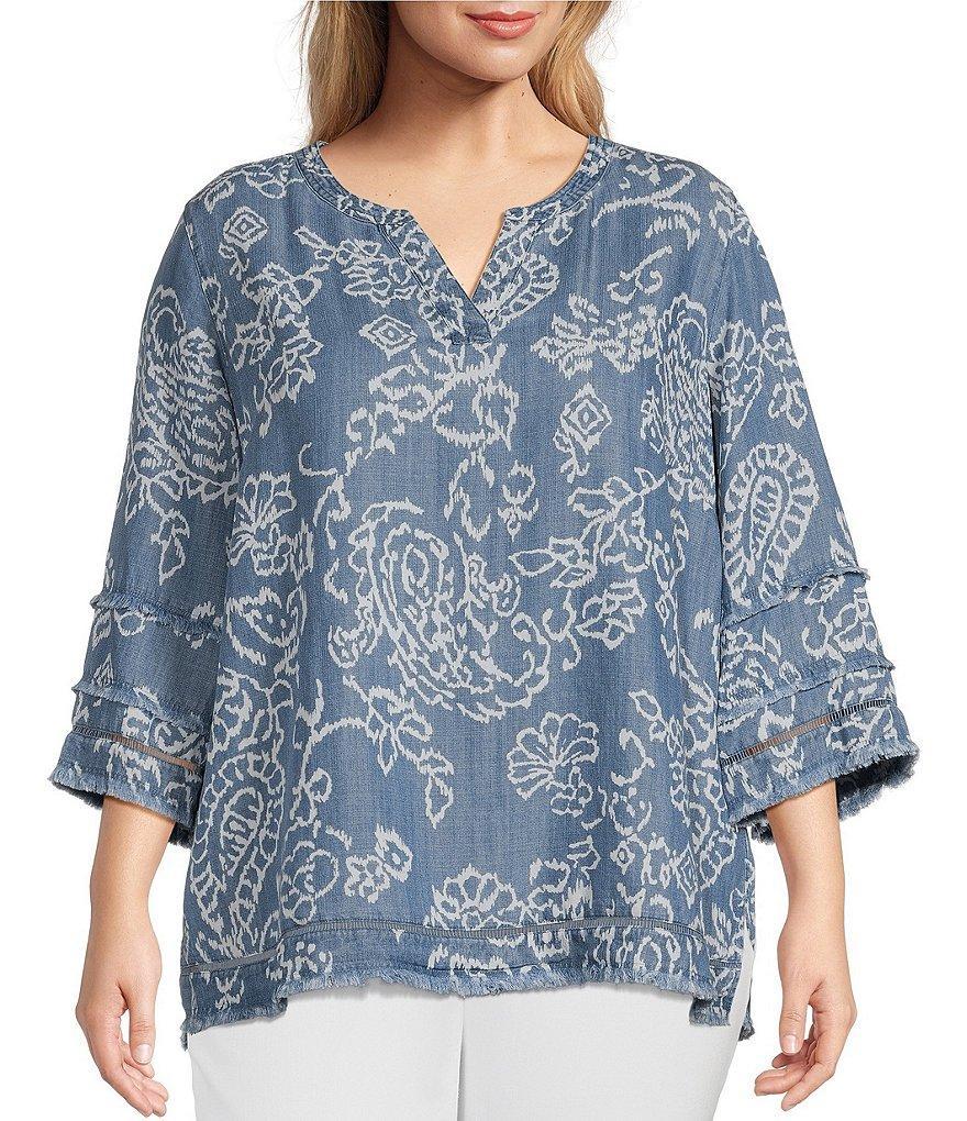 Multiples Plus Size Floral Paisley Print Split V-Neck 3/4 Sleeve Hi-Low Hem Tunic Product Image