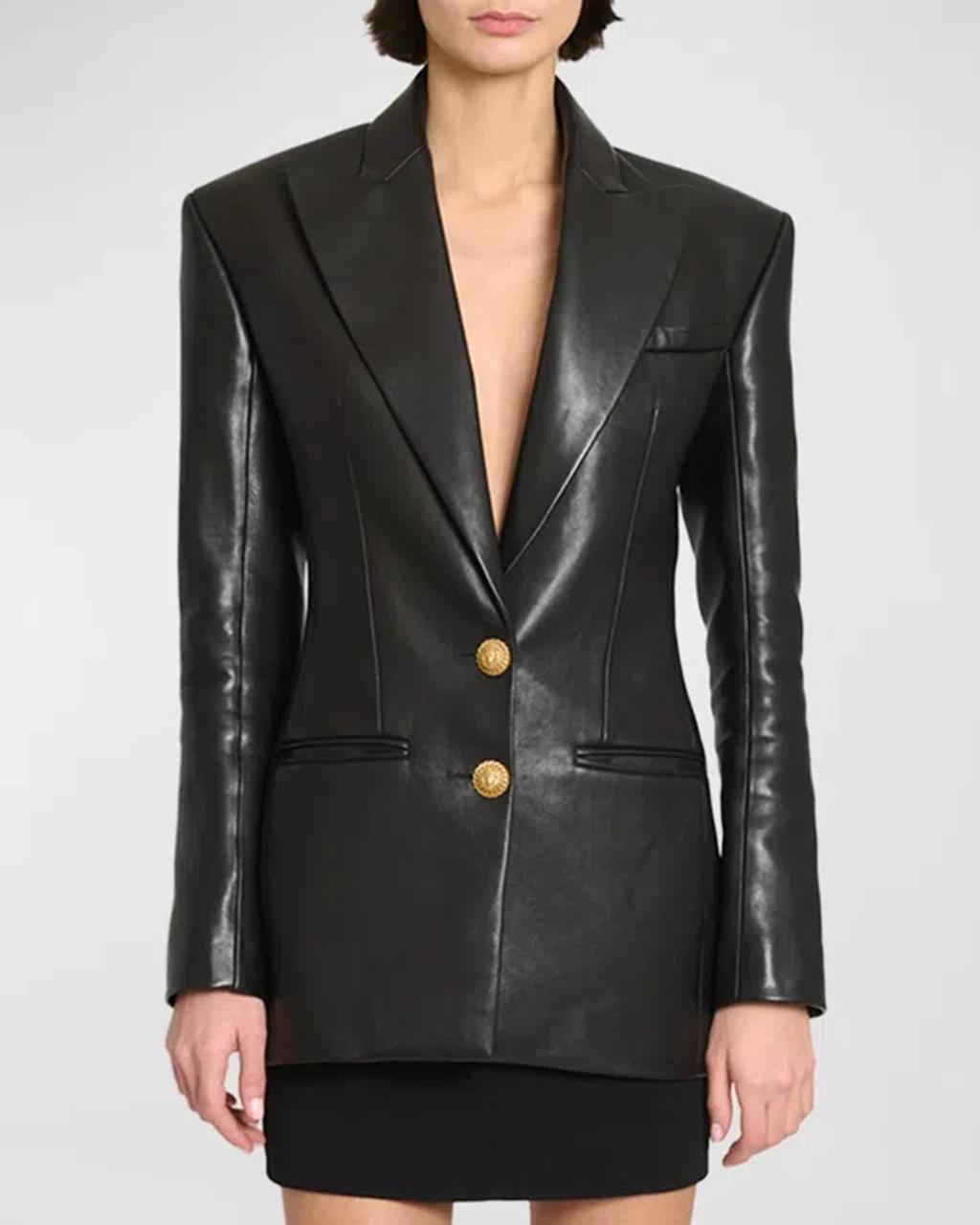 BALMAIN Peak-lapel Leather Blazer In Black Product Image