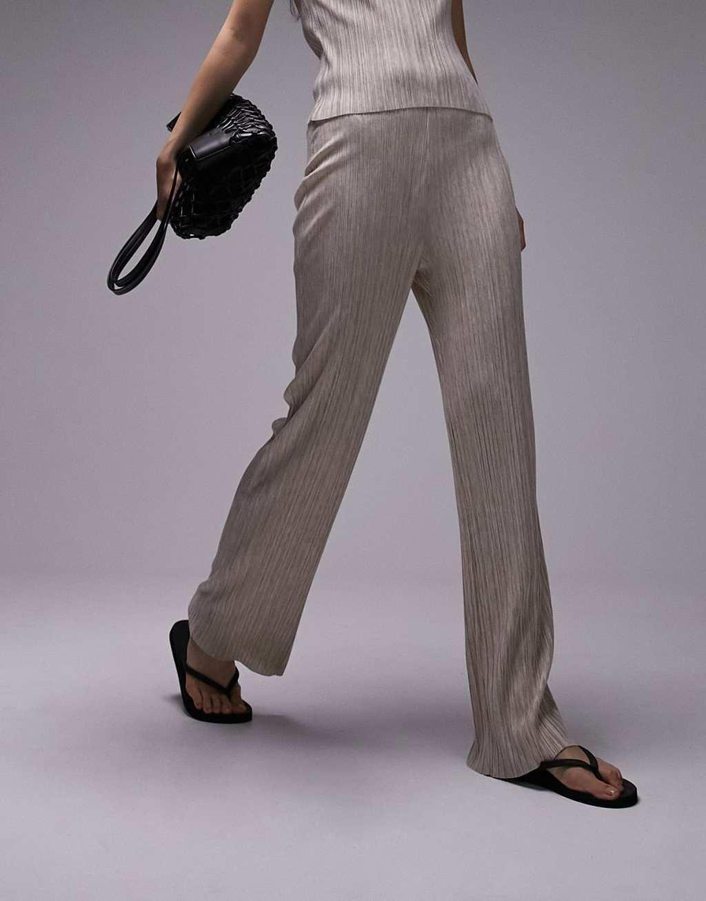 Topshop premium soft heather plisse wide leg pants Product Image