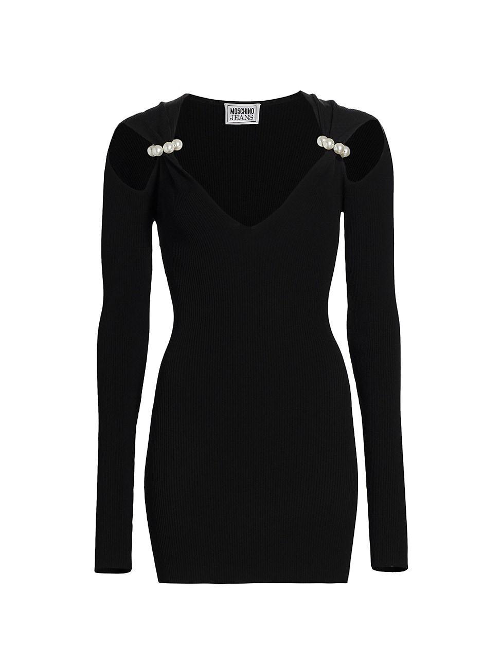 Womens Faux-Pearl Long-Sleeve Ribbed Minidress Product Image