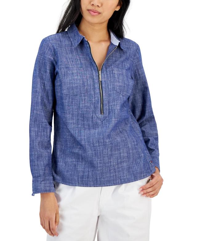 Tommy Hilfiger Womens Half-Zip Roll-Tab Shirt Product Image