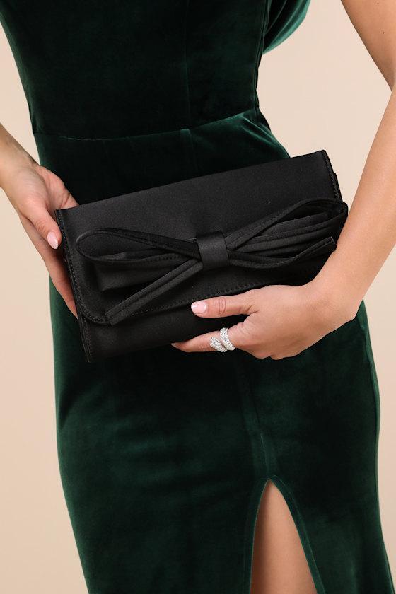 Precisely Dreamy Black Satin Bow Clutch Product Image