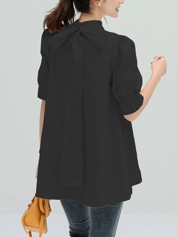 Casual Loose Bow-Embellished Solid Color Blouse Product Image