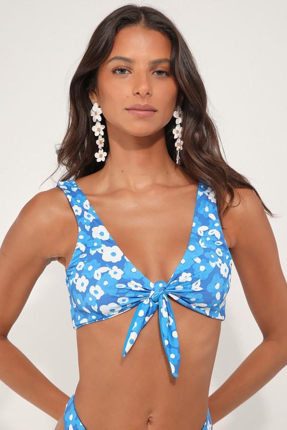 Sandy Dandy Blue Floral Print Tie-Front Bikini Top Product Image