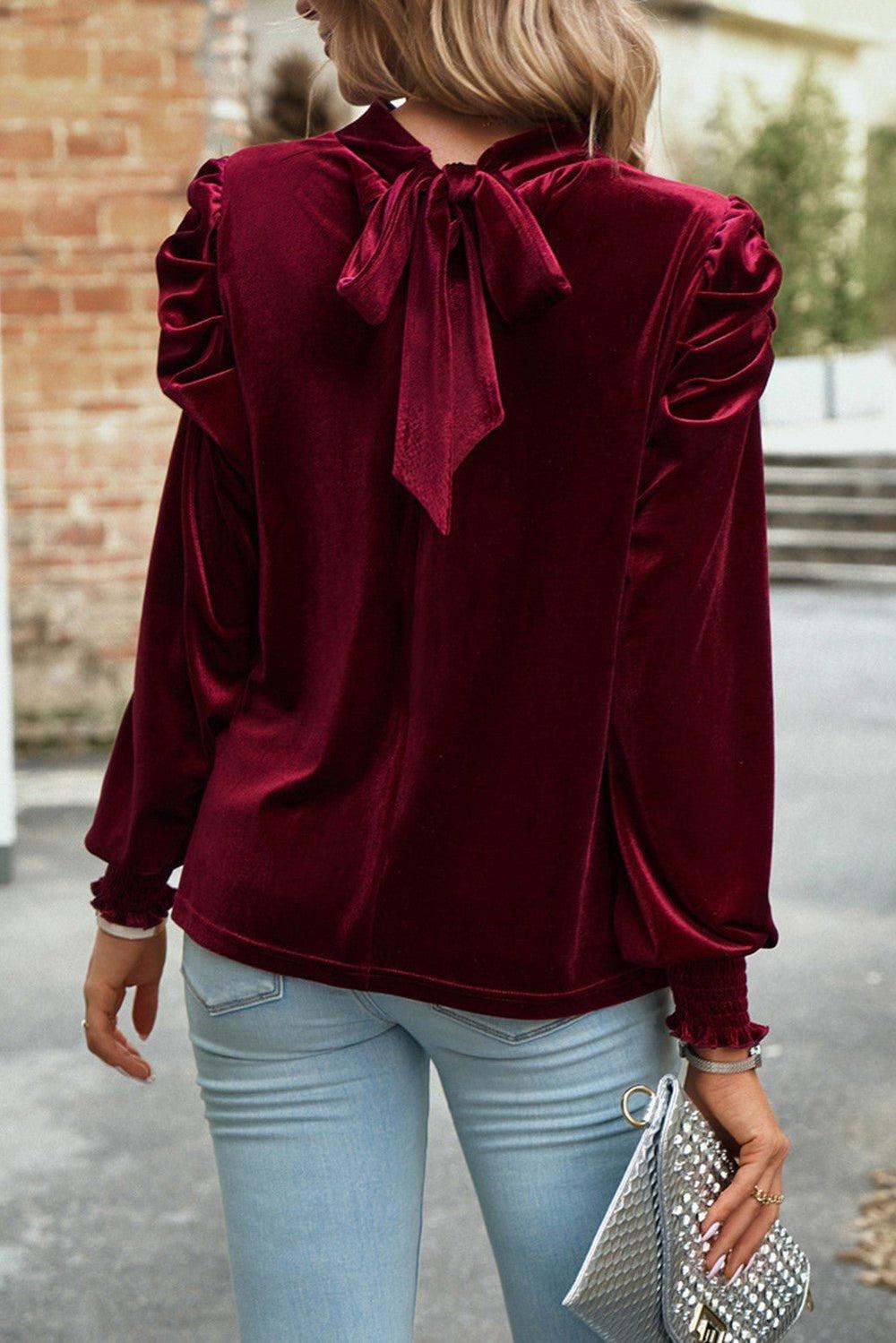 Mock Neck Puff Sleeve Velvet Blouse 2 Colors Product Image