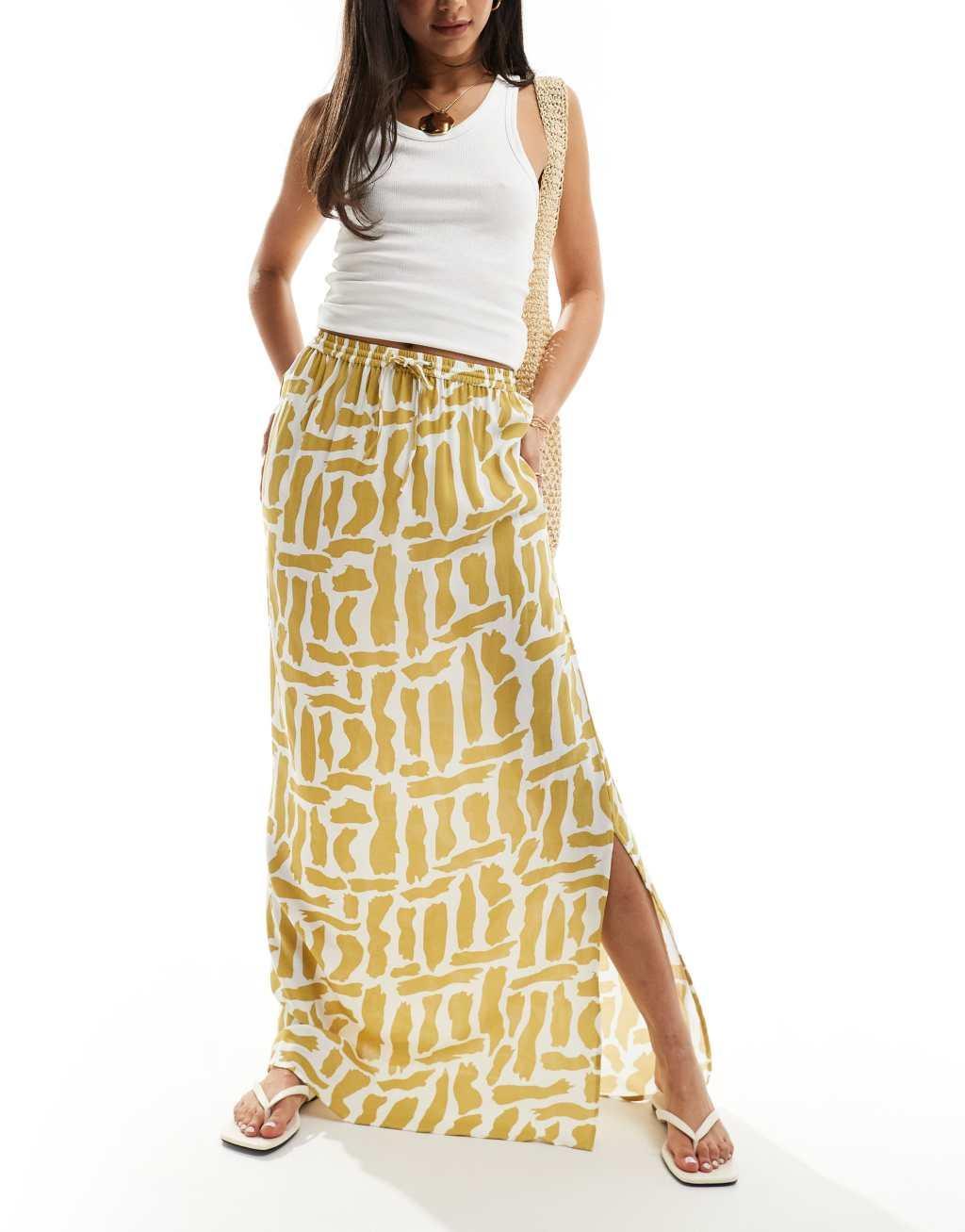 ASOS DESIGN tie waist midi skirt in mustard squiggle print Product Image