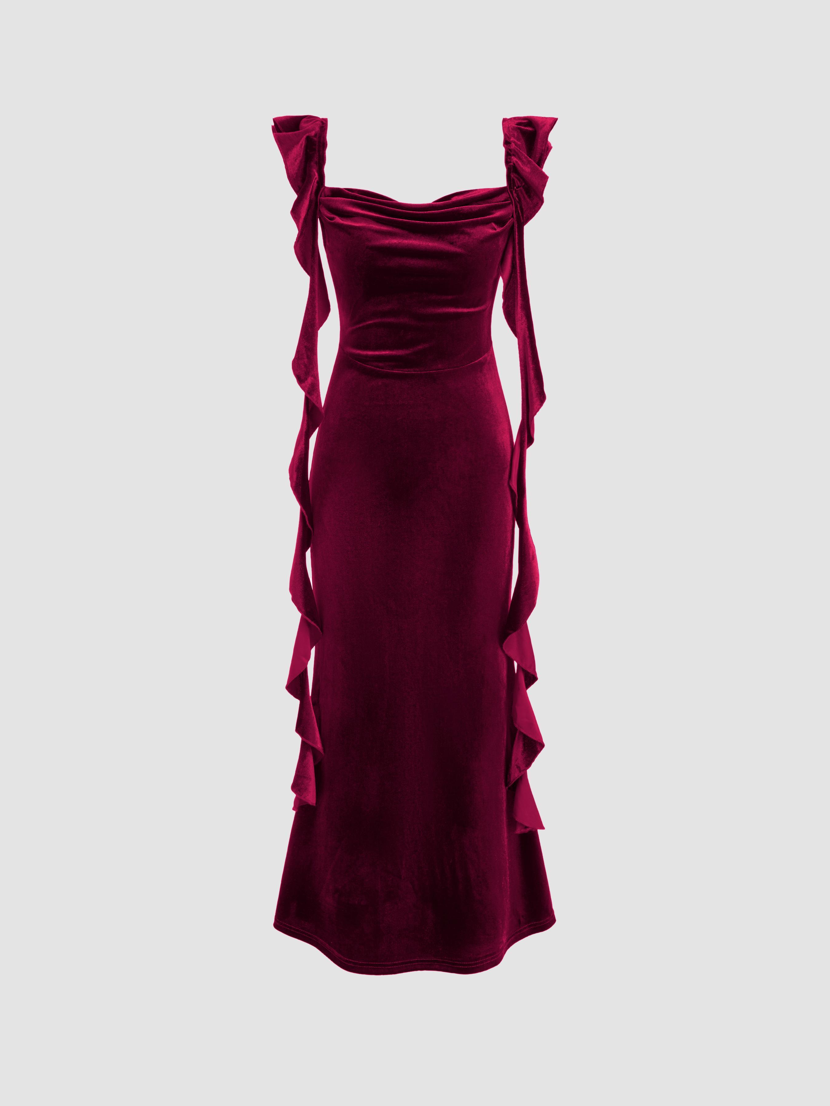 Velvet Cowl Neck Solid Ruffle Hem Maxi Dress Product Image