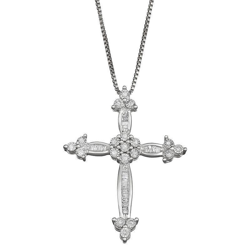 Sterling Silver 1/5 Carat T.W. Diamond Cross Pendant Necklace, Womens Product Image