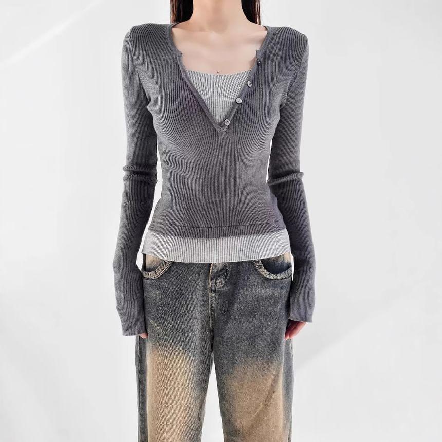 Mock Two-Piece Long-Sleeve Henley Two Tone Ribbed Knit Top Product Image