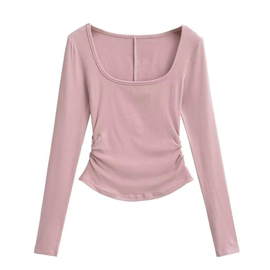 Long Sleeve Square Neck Plain Ruched Crop T-Shirt Product Image