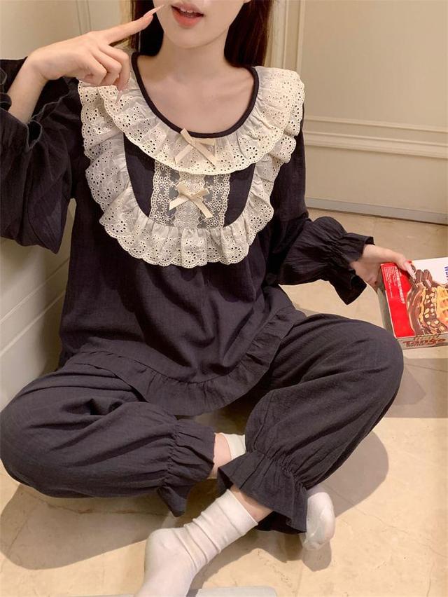 Pajama Set: Long Sleeve Round Neck Bow Ruffle Panel Blouse + Elastic Waist Straight Leg Pants Product Image