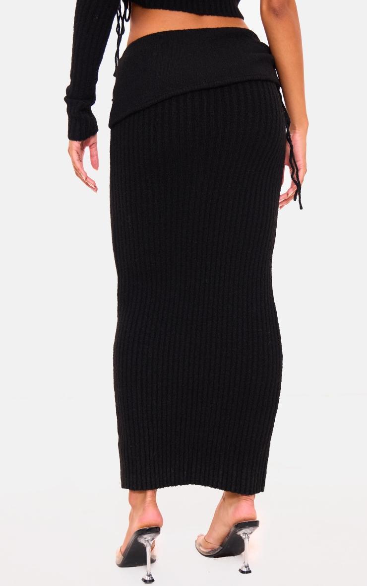 Black Ribbed Knit Ruched Fold Over Maxi Skirt Product Image