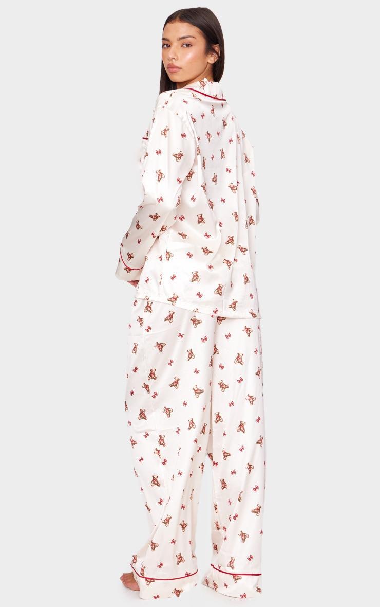 Cream Teddy Print Satin Long Pj Set Product Image