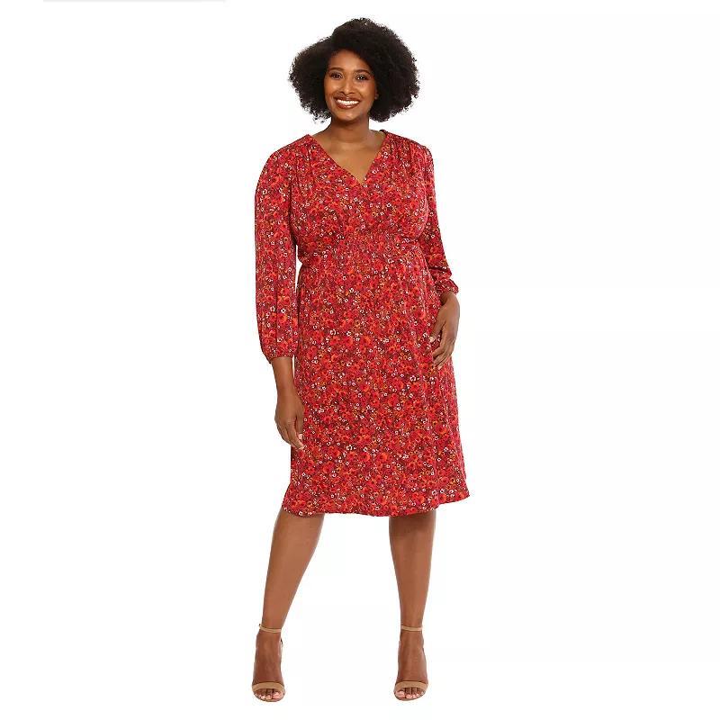 Plus Size London Times V-Neck Bishop Sleeve Midi Dress, Womens Product Image