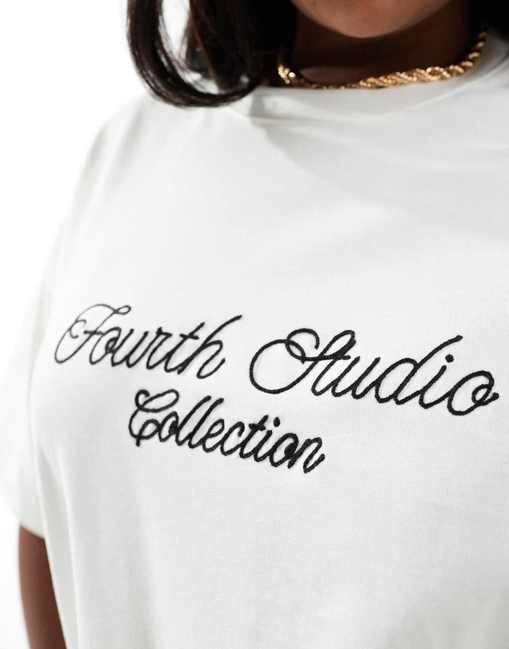 4th & Reckless Plus exclusive embroidered fourth studio logo t-shirt in cream Product Image