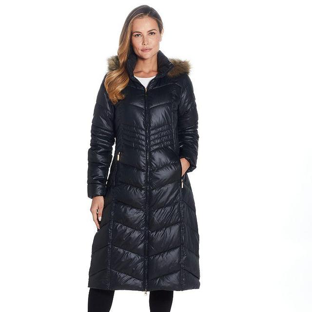 Womens Gallery Faux-Fur Hood Long Puffer Coat Black Product Image