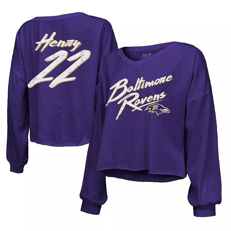 Majestic Womens Derrick Henry Purple Baltimore Ravens Name Number Off-Shoulder Script Cropped Long Sleeve V-Neck T-Shirt Product Image