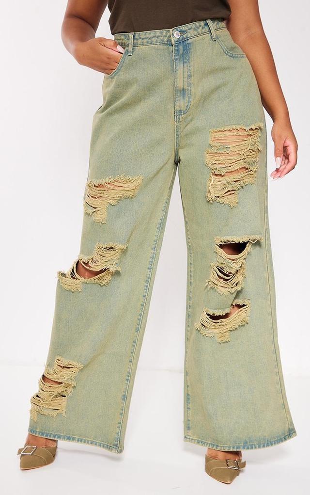 Plus Khaki Distressed Washed Denim Jeans Product Image