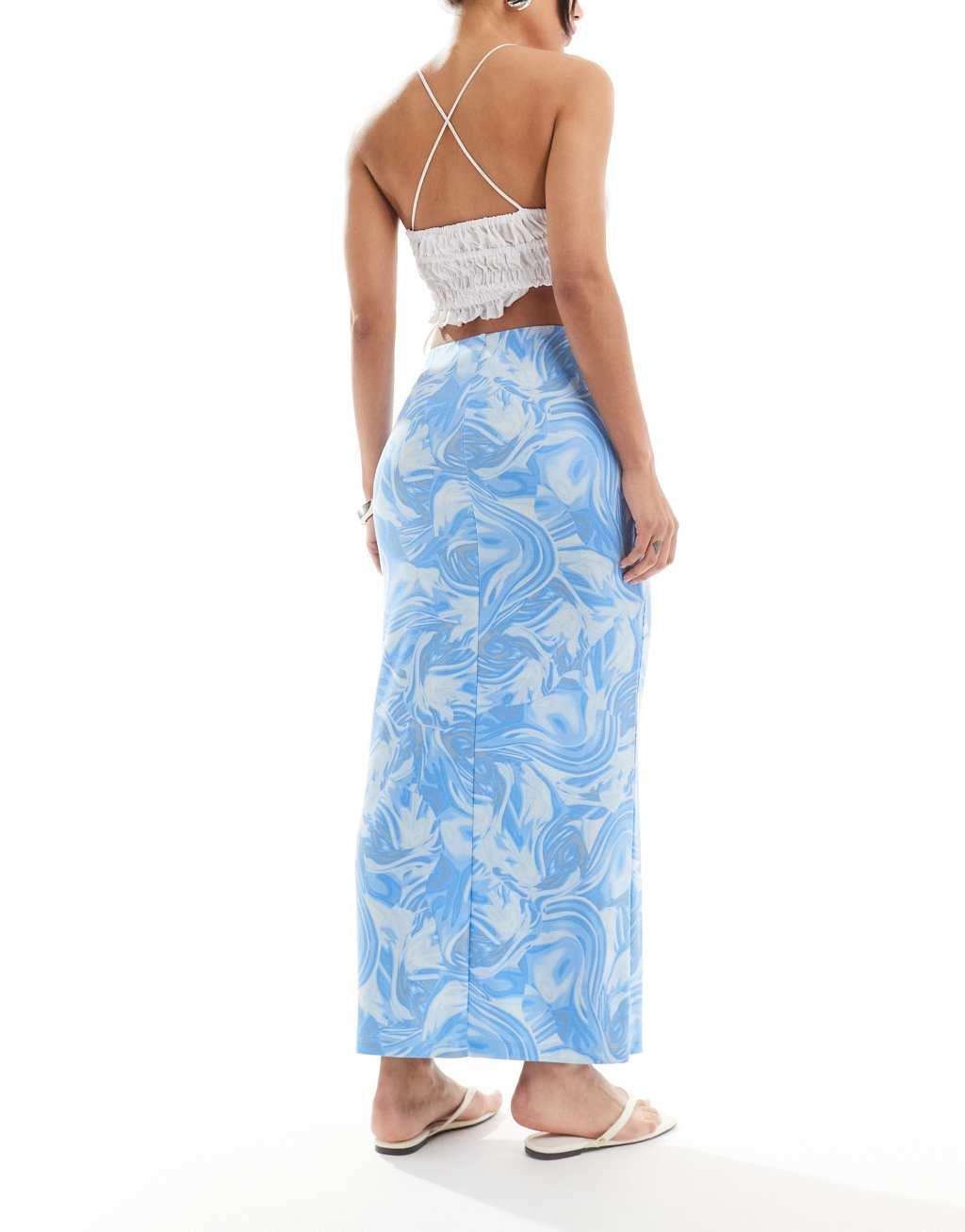 Monki midi skirt in blue blurr print Product Image