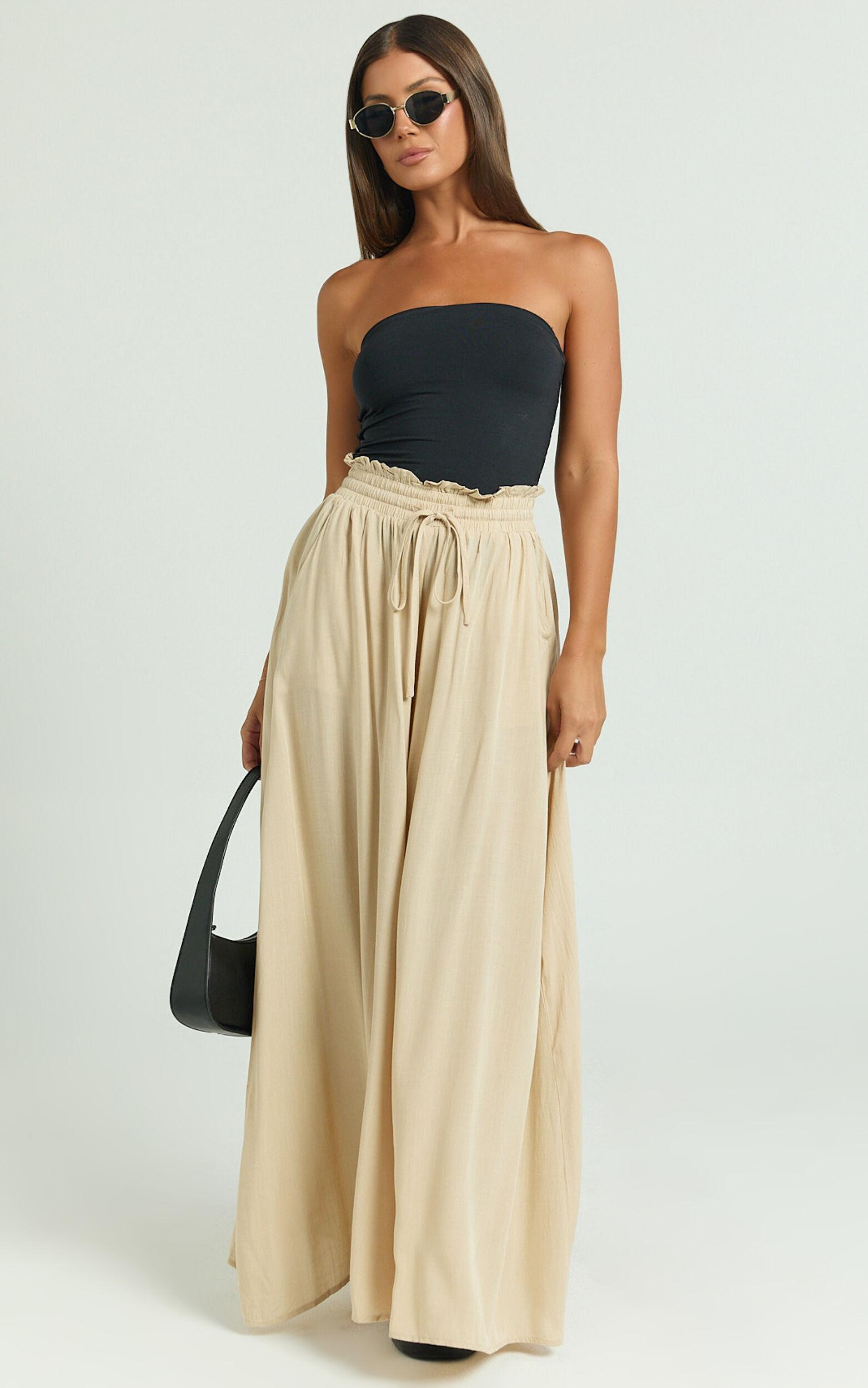 Hany Pants - High Waist Drawstring Wide Leg Pants in Stone Product Image