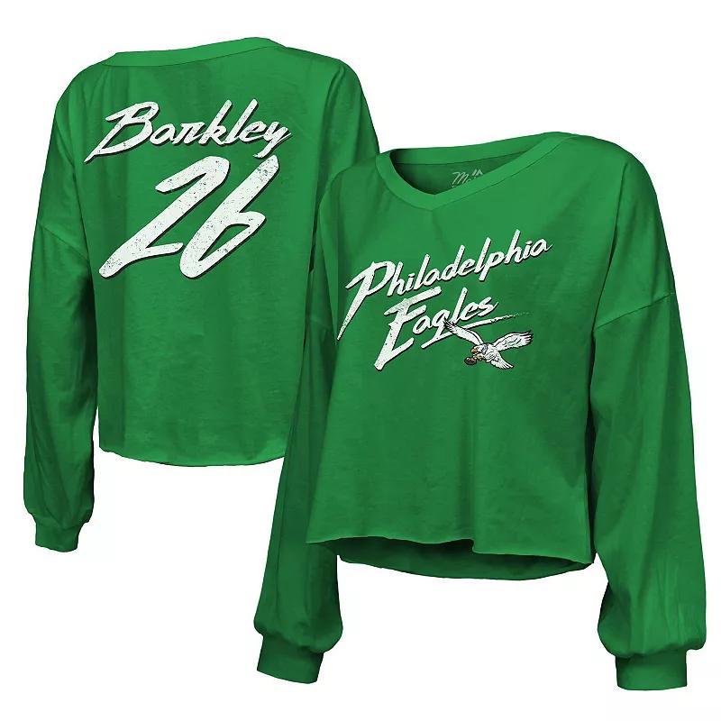 Womens Majestic Threads Saquon Barkley Kelly Philadelphia Eagles Name & Number Off-Shoulder Script Cropped Long Sleeve V-Neck T-Shirt Product Image