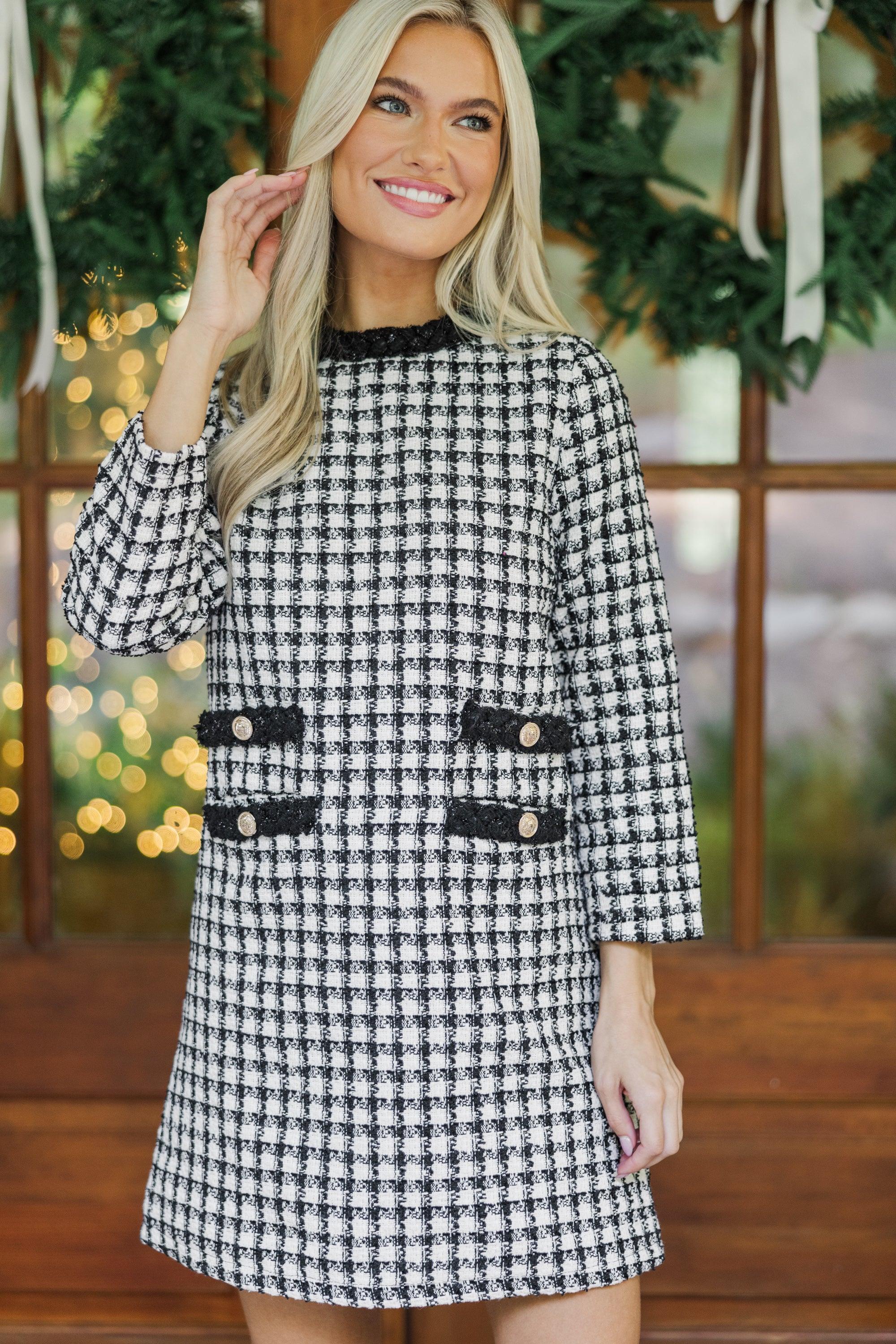 Ask You Out Black Houndstooth Tweed 3/4 Sleeve Dress Female product image