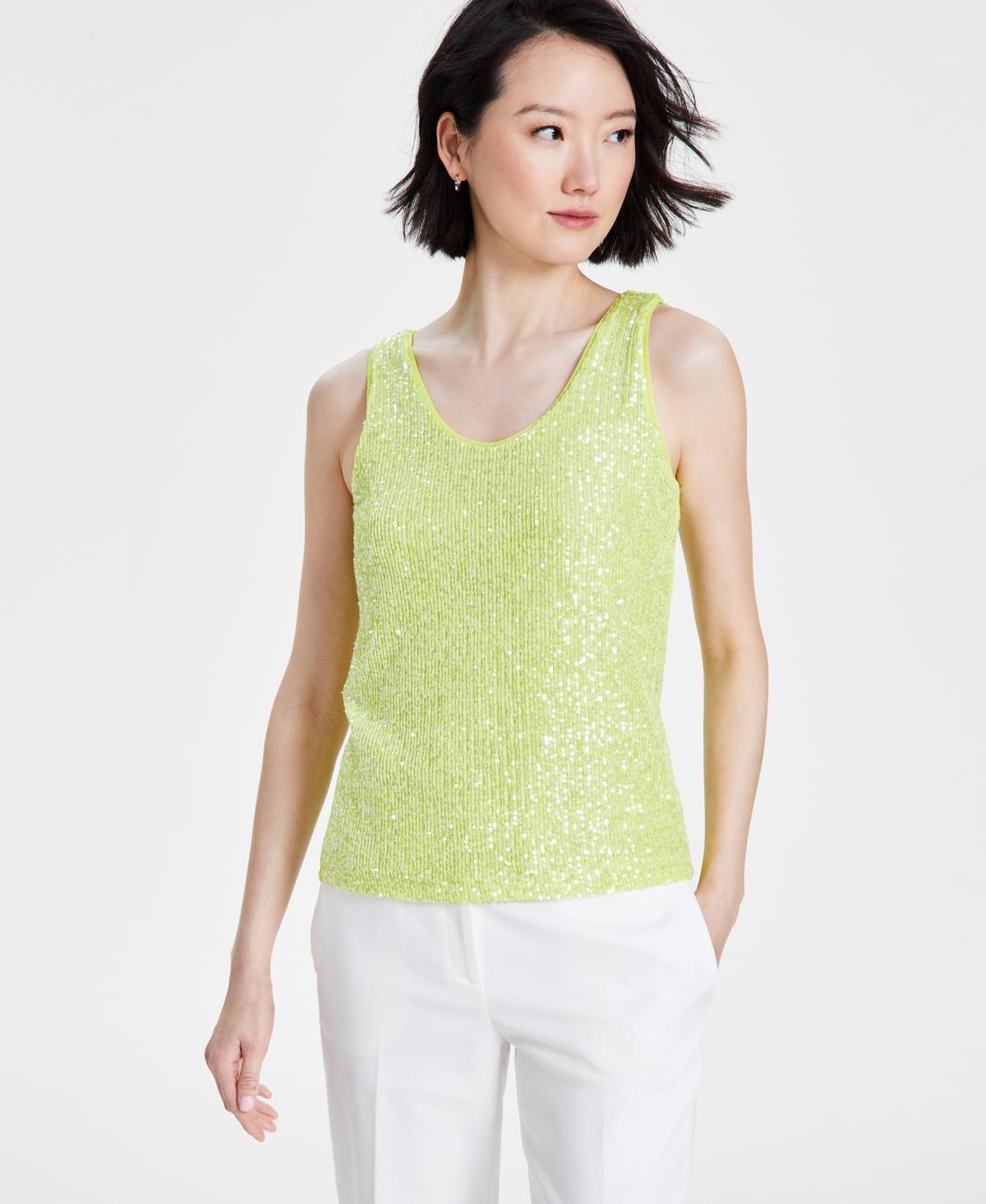 Anne Klein Womens Sequined Mesh Scoop-Neck Tank Top Product Image