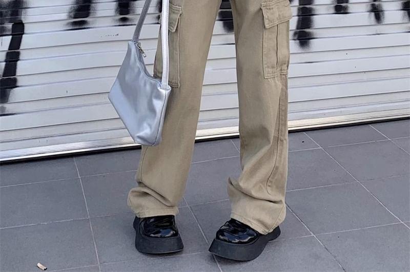 High Rise Plain Pocket Straight-Fit Wide-Leg Cargo Pants Product Image