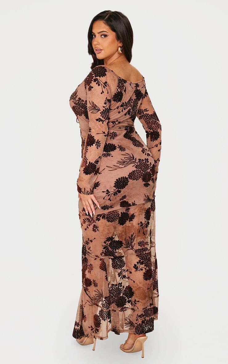 Plus Brown Floral Print Devore Off The Shoulder Long Sleeve Maxi Dress Product Image