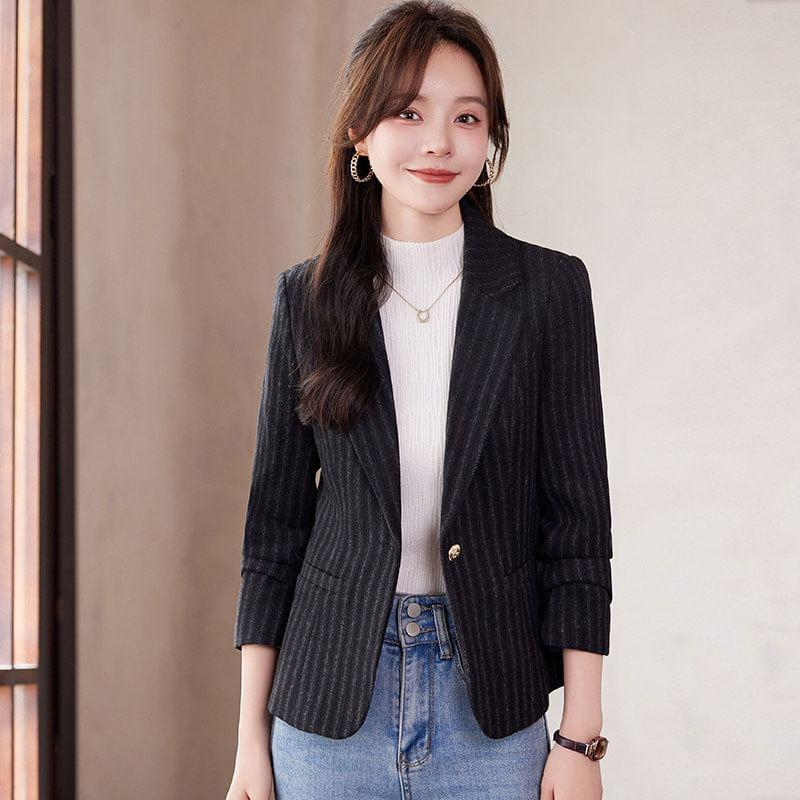 Lapel Collar Striped Single Button Blazer Product Image