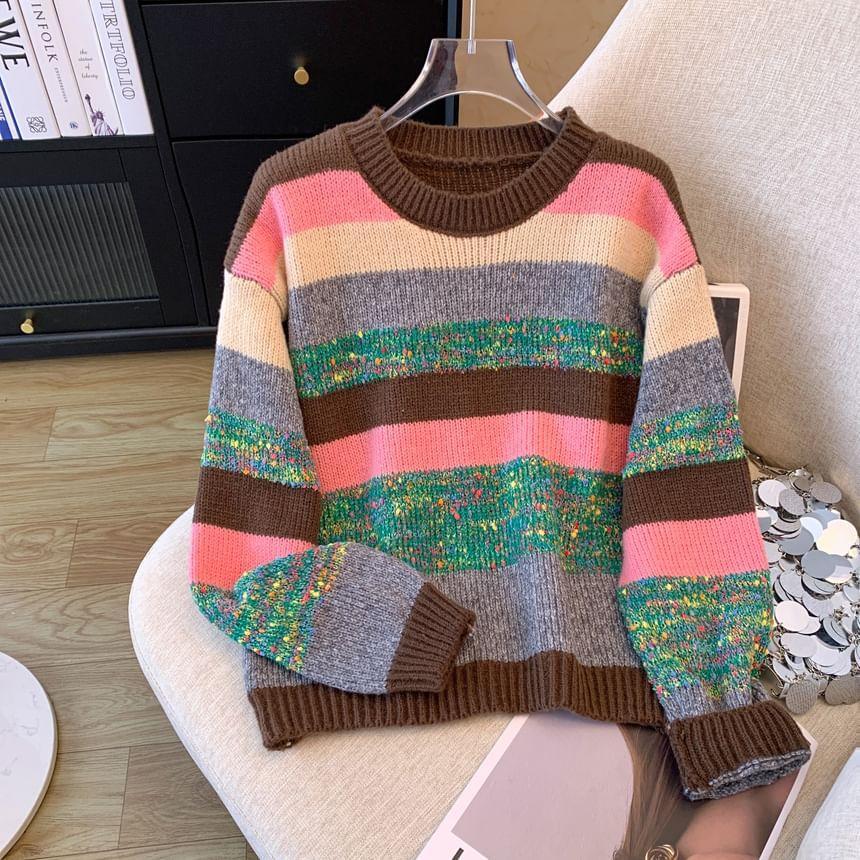 Round Neck Melange Panel Sweater Product Image