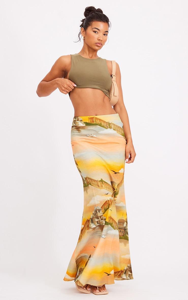 Orange Sunset Printed Linen Look Maxi Skirt Product Image