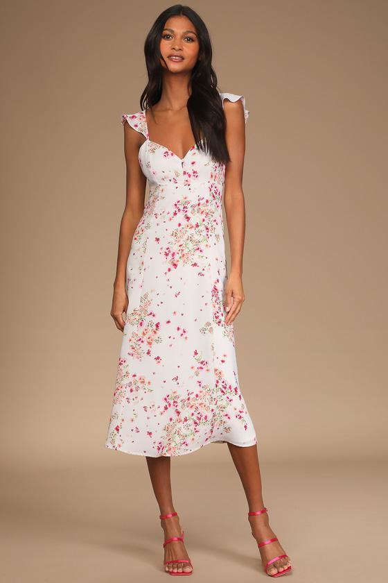 Love Grows Strong Ivory Floral Print Ruffled Midi Dress Product Image