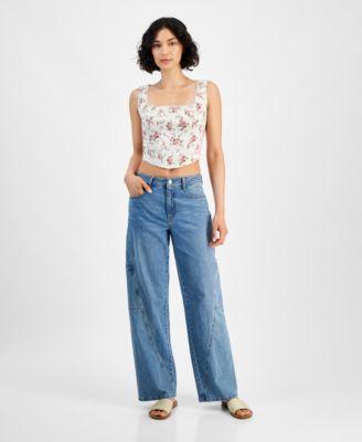 Now This Womens Floral Corset Top Twisted Seam Cargo Wide Leg Jeans Created For Macys Product Image