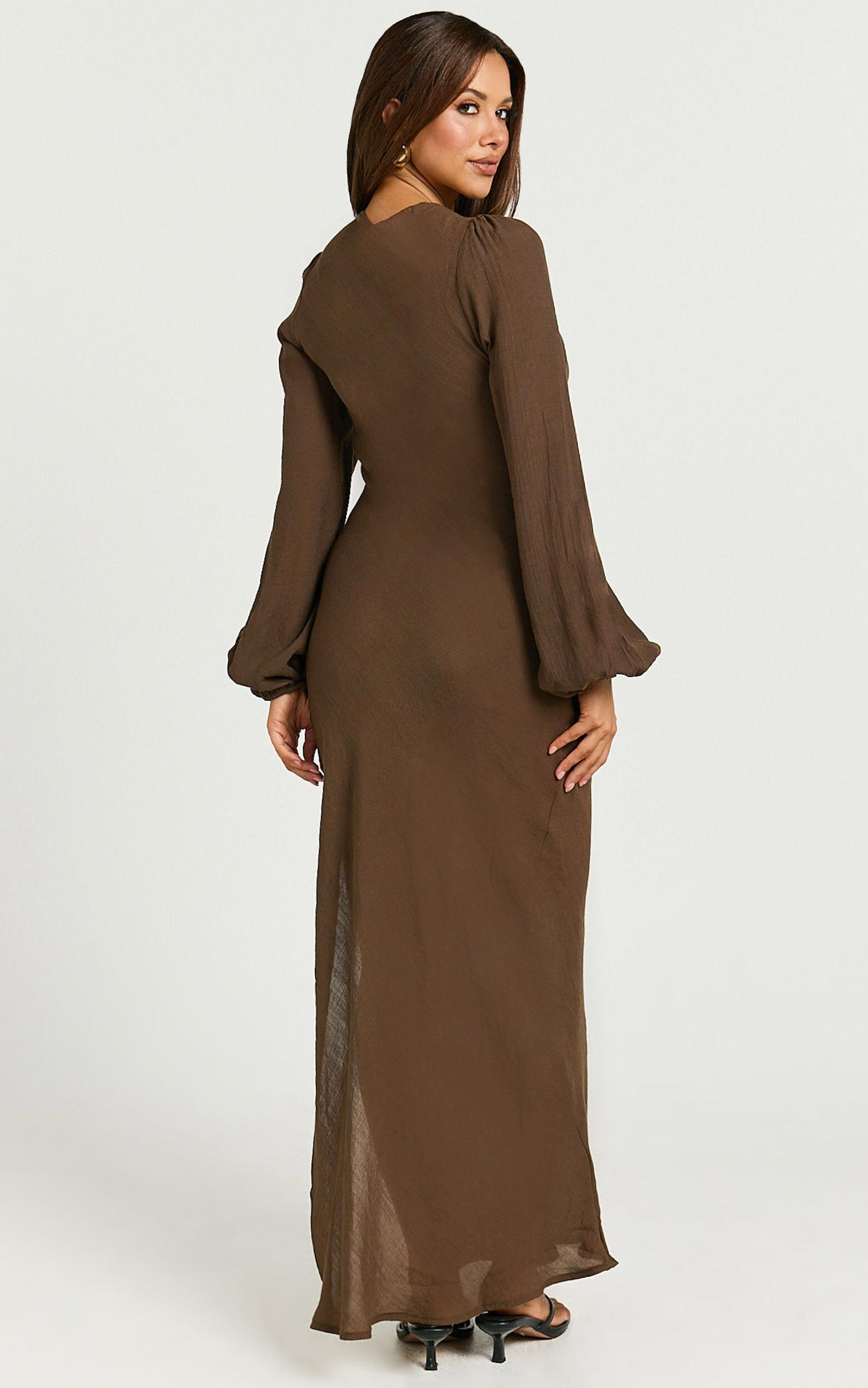 Sydney Midi Dress - Scoop Neck Long Sleeve Slip Dress in Brown Product Image