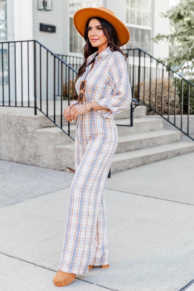 I'm Telling You Beige Plaid Long Sleeve Belted Jumpsuit FINAL SALE Product Image