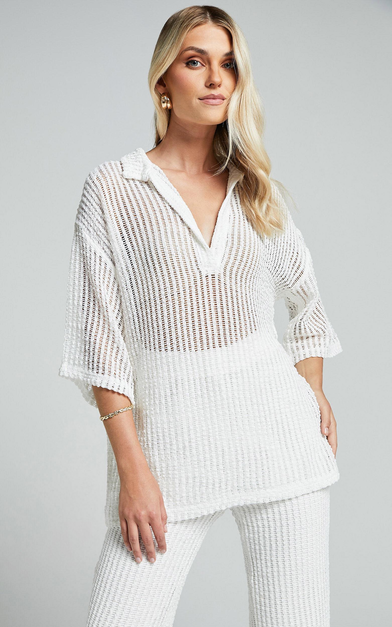 Cessily Top - V Neck Oversized Sheer Crochet Blouse in White Product Image