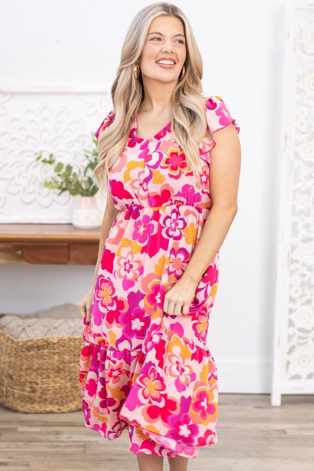 Fuchsia Floral Print Midi Dress Product Image